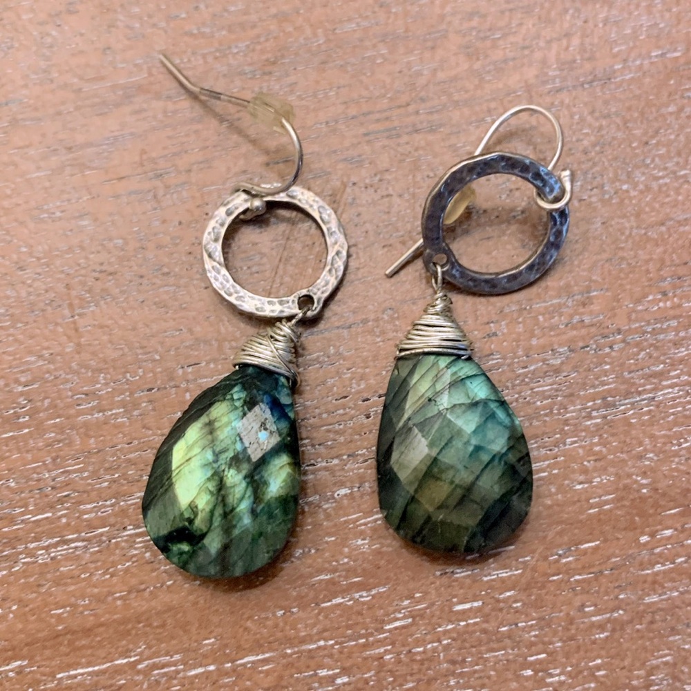 Elegant Green Labrarodite & Sterling Silver Hammered Hoop Drop Earrings